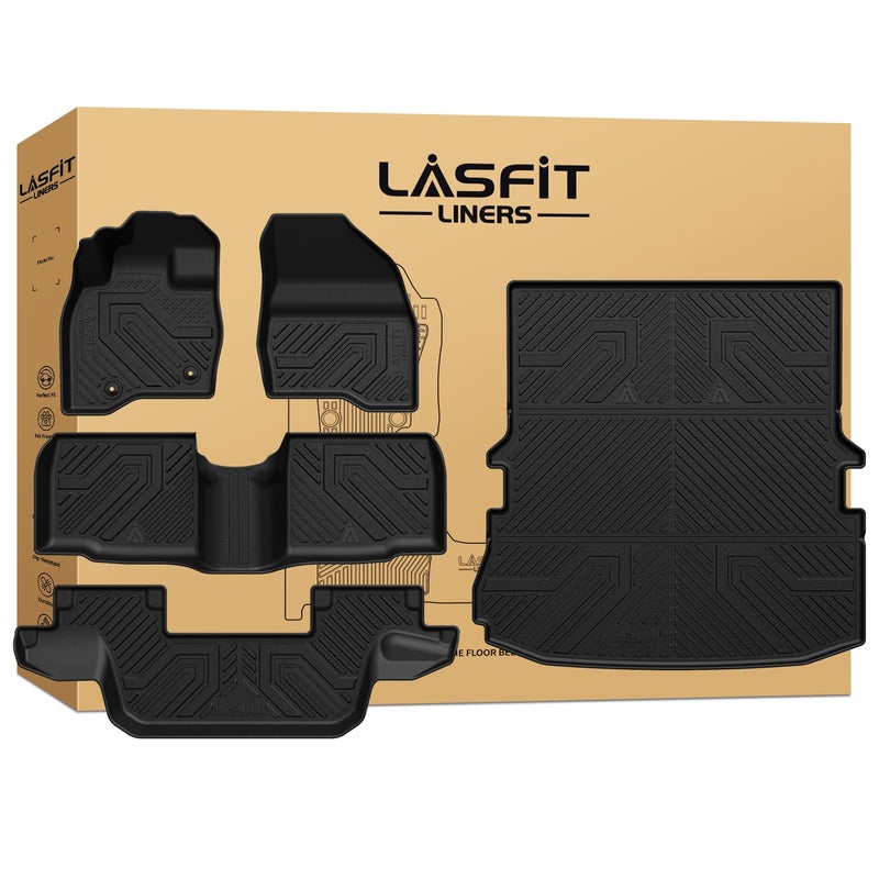 حصائر أرضية LASFIT مع حصيرة مسند الظهر لسيارة فورد إكسبلورر 2015-2019 7 مقاعد واقي لجميع الأحوال الجوية TPE سهل التنظيف مجموعة كاملة مخصصة 5 قطع باللون الأسود